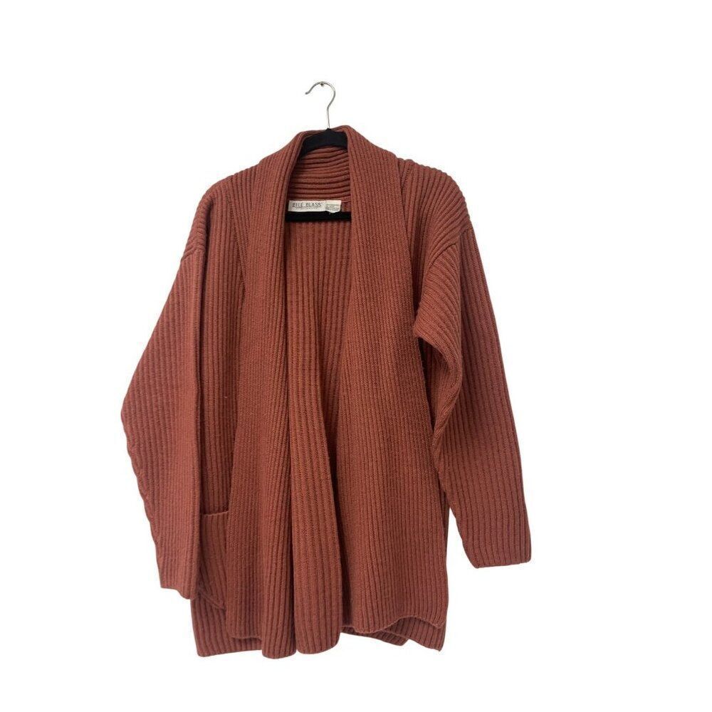 Vintage Bill Blass Womens Ribbed Knit Cardigan L XL Merino Wool Open Front Pink